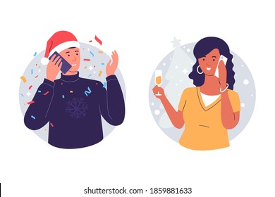 Man And Woman Congratulate Each Other By Phone Merry Christmas And Happy New Year. People Talking On The Telephone During The Holiday. Illustration Of Phone Call. Isolated On Wite.