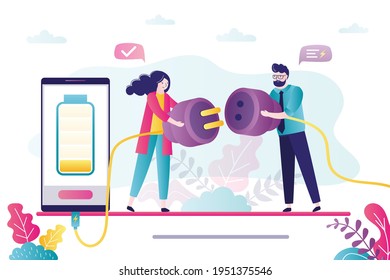 Man and woman connect electrical plug, socket. People want to charge mobile phone. Battery low level concept. Female and male characters holds wires. Accumulator on phone screen. Vector illustration