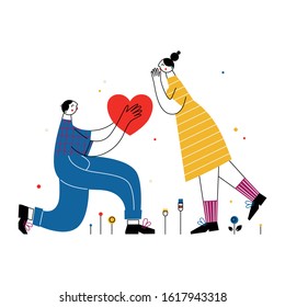 Man and woman connect the halves of the heart. Couple in love concept. Vector illustration in flat line style.