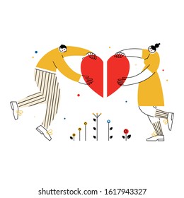 Man and woman connect the halves of the heart. Couple in love concept. Vector illustration in flat line style.