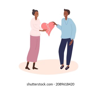 Man and woman connect parts of broken heart. Couple in love trying to keep love. Flat vector illuctration. Concept of Family preservation, reconciliation. Relationship between two people