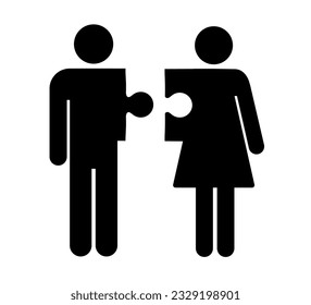 Man and a woman connect pieces of a puzzle icon feeling perfect for each other, compatibility between man and woman, relationship and affection, two diverse teammates doing work together