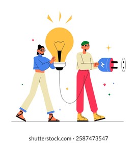 Man And Woman Connecting A Lightbulb In Flat Vector Illustration Symbolizing Creative Idea Generation, Innovation, And Teamwork, Isolated On White Background.