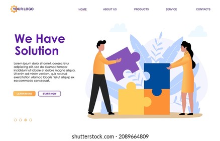Man and woman connecting puzzle pieces, help each other, collaborate together, find solution. Business metaphor of teamwork make task. Problem solving abstract concept. Flat vector illustration