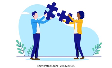 Man and woman connecting puzzle pieces - Two people solving problem together, flat design vector illustration with white background