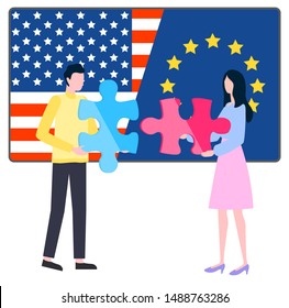 Man and woman connection puzzle, flag of USA and Europe. Worldwide trade, international symbol, states union, country presentation, business. Multinational team. Connect business from US and Europe