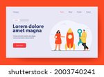 Man and woman constructing rocket with tool. Flat vector illustration. Girl standing near space vehicle and man holding dog hook. Space transport, design, technology concept for banner design
