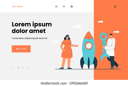 Man and woman constructing rocket with tool. Flat vector illustration. Girl standing near space vehicle and man holding dog hook. Space transport, design, technology concept for banner design