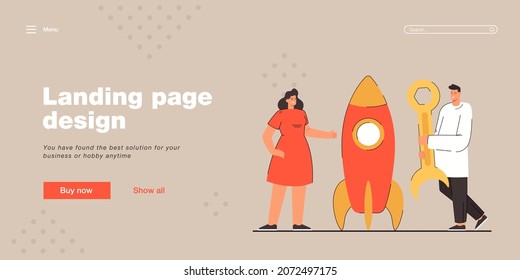 Hombre y mujer construyendo cohetes con herramienta. Ilustración vectorial plana. Niña parada cerca de un vehículo espacial y hombre sosteniendo gancho de perro. Transporte espacial, diseño, concepto de tecnología para diseño de banners