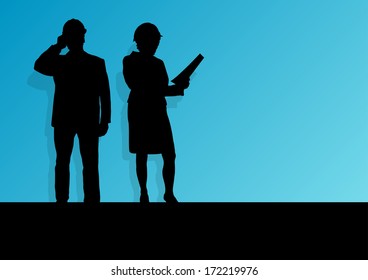 Man and woman construction engineers in safety helmets in industrial concept vector background illustration