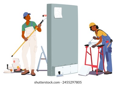 Man And Woman Construction Workers or Builders Wearing Workwear and Hardhats Painting Wall and Sawing Tiles. Male and Female Worker Characters Collaborate Together. Cartoon People Vector Illustration svg