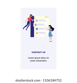 Man and woman with contact us form - smiling flat cartoon male and female characters flying around message box on digital screen isolated on white background. Vector illustration of vertical banner.