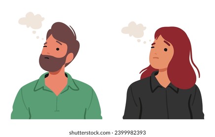 Hombre Y Mujer Con Expresión Contemplativa, Brows Ligeramente Amueblados, Profundos En El Pensamiento, Los Ojos Reflejan Una Mezcla De Introspección Y Consideración, Revelando Un Momento De Reflexión Pensativa. Ilustración vectorial