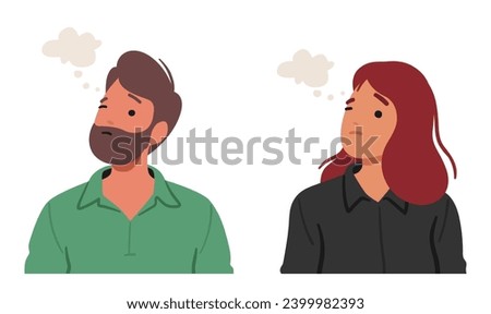 Man and Woman With Contemplative Expression, Brows Slightly Furrowed, Deep In Thought, Eyes Reflect Mix Of Introspection And Pondering, Revealing A Moment Of Thoughtful Reflection. Vector Illustration