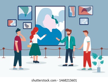 Man Woman in Contemporary Art Gallery Vector Illustration. People Look Abstract Paintings. Curator Tour Museum Exposition. Drawing Canvas Display on Wall, Room Interior. Artistic Exhibition