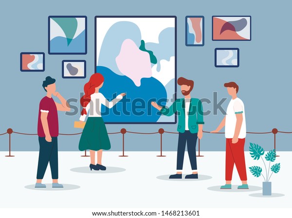 Man\
Woman in Contemporary Art Gallery Vector Illustration. People Look\
Abstract Paintings. Curator Tour Museum Exposition. Drawing Canvas\
Display on Wall, Room Interior. Artistic\
Exhibition