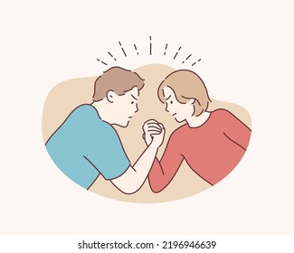 A man and a woman contesting the power of their arms. Hand drawn style vector design illustrations.