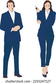 Man and woman controllers in blue suits in full growth vector flat design