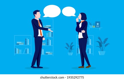 Man and woman conversation - Businessman and businesswoman in office with speech bubbles. Talking and discussion concept. Vector illustration.