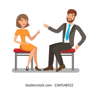 Man, Woman Conversation Flat Vector Illustration. Pretty Lady Having Discussion with Handsome Boy. Elegant Girl Arguing with Opponent Isolated Characters. Friendly Chat, Family Couple Dialogue