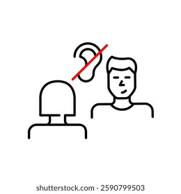 Man and woman in conversation or interview and crossed out ear. No eavesdropping, confidential information shared. Hearing-impaired or deaf people assisted workplace or romantic date. Pixel perfect, e