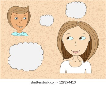 Man and woman in conversation with speech bubbles