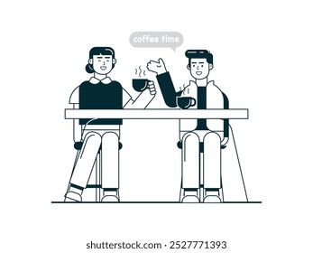 Hombre y mujer conversando mientras beben café caliente en la cafetería. Diseño de personajes. Ilustración plana de Vector