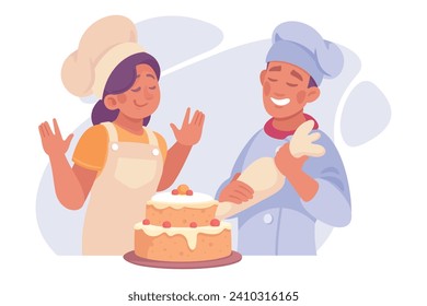 Man and Woman Cook or Chef Character in Uniform Decorate Cake Cooking Meal Vector Illustration