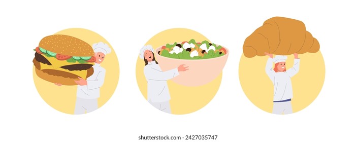 Man and woman cook master chef holding different restaurant food and snack round composition