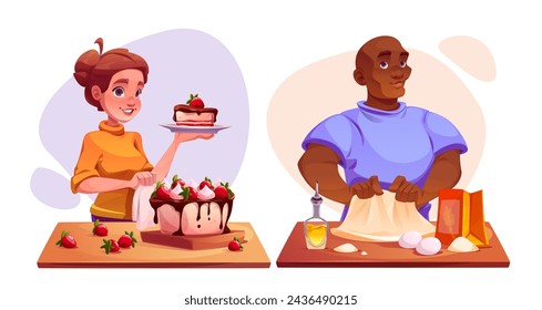 Hombre y mujer cocinando comida aislada sobre fondo blanco. Ilustración de dibujos animados vectoriales de personajes cocineros aficionados que hornean pastel de fresa dulce, amasar masa en mesa de madera, estudiantes de clase de cocina