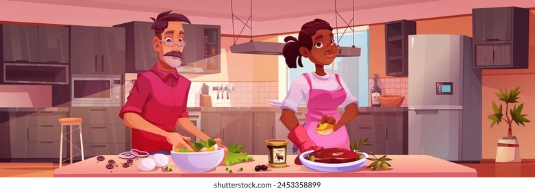 Mann und Frau kochen in der Küche. Vektorgrafik-Cartoon-Illustration von männlichen und weiblichen Charakteren, die lernen, frischen Gemüsesalat und leckeres Rindersteak herzustellen, gesundes Essen zu Hause zu essen, Hobby-Blog