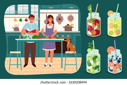 Man and woman cooking salad with vegetables in kitchen. Stickers symbol of fresh cocktails with lemon, orange or berry. Icon of happy male and female cutting ingredients for dish at home vector