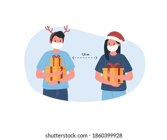 Man and woman in costumes with gifts and medical masks. Keep distance while quarantine. Christmas. Flat vector illustration.
