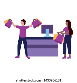 man and woman counter computer market shopping bag commerce vector illustration