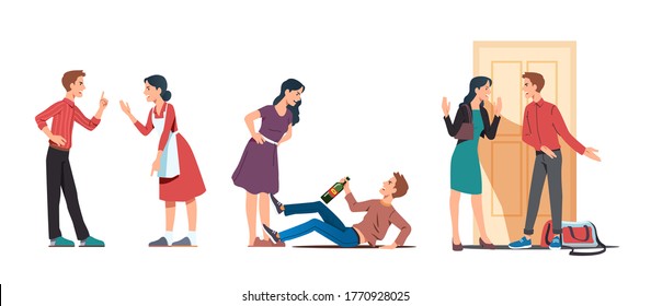 Man & woman couple in bad relationship. Arguing, reprimanding, having argument fight. Husband and wife breakup, parting & divorce. Family conflicts. Marriage crisis. Flat vector character illustration