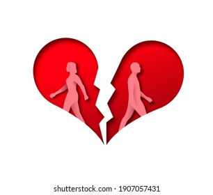 Man and woman couple breaking up. 3D paper cut illustration of people walking away inside broken heart. Separation concept, relationship end or marriage therapy idea on isolated white background.