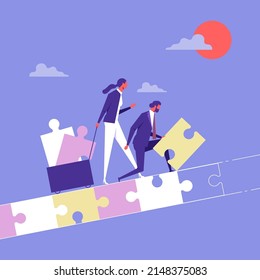 Man and woman couple building bridge with puzzle pieces, business partnership and teamwork concept
