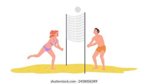 Man and woman couple cartoon characters playing beach volleyball competitive game isolated on white