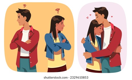 Man and woman couple in conflict, in love set. Angry boyfriend, girlfriend persons have relationship problem, happy husband, wife family embracing. Divorce, romance concept flat vector illustration