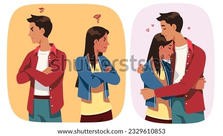 Man and woman couple in conflict, in love set. Angry boyfriend, girlfriend persons have relationship problem, happy husband, wife family embracing. Divorce, romance concept flat vector illustration