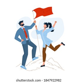 Man And Woman Couple Conquer Mountain Peak Vector. Businessman And Businesswoman Conquer Mount And Installation Flag. Character Businesspeople Leadership Career Flat Cartoon Illustration