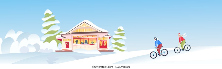 Man Woman Couple Cycling Winter Snowy Hills Wooden Snow Cowered Cottage Happy New Year Merry Christmas Holidays Celebration Concept Fir Tree Flat Horizontal Banner Vector Illustration