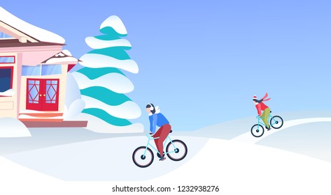 Man Woman Couple Cycling Winter Snowy Hills Wooden Snow Cowered Cottage Happy New Year Merry Christmas Holidays Celebration Concept Fir Tree Flat Horizontal Vector Illustration