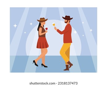 Man and woman couple dancing with western festival party drinks in cowboy and cowgirl costumes.Cartoon flat illustration