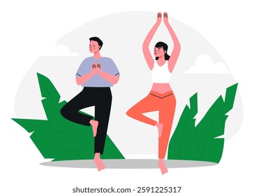 Man and woman couple doing yoga in tree pose. Relaxing outdoor workout. Wellness routine for healthy lifestyle in nature. Pair fitness exercise concept. Palm leaves on background. Vector illustration.