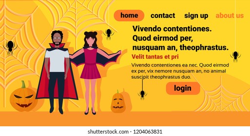 man woman couple dracula bat wings costumes spider web pumpkin decoration happy halloween concept male female cartoon character full length horizontal copy space flat vector illustration