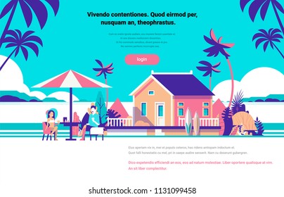 Man Woman Couple Drinking Wine Umbrella Summer Vacation Surf Board On Beach Villa House Tropical Island Flat Copy Space Horizontal Vector Illustration