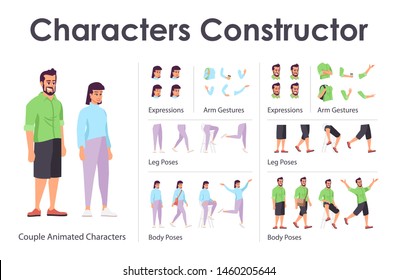 Man, woman couple front view animated flat vector characters design set. Сharacter animation creation cartoon pack. Students constructor with various face emotion, body poses, hand gestures, legs kit