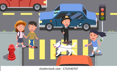 Man & Woman Couple, Girl Kid With Dog Walking Crossing Street On Green Traffic Light. City Road Crosswalk. Smiling Police Officer Controller Directing Traffic. Pedestrian Safety Flat Vector Illustrati