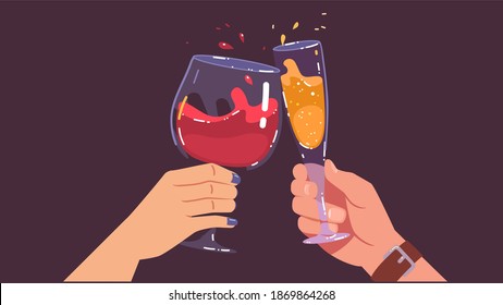 Man and woman couple hands holding sparklers clinking glasses with alcohol drinks, having party. Friends persons celebrating holiday event together. Celebration fun flat vector illustration